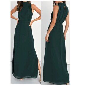 Lulus Classic Elegance Emerald Chiffon Sleeveless Mock Neck Maxi Dress Medium